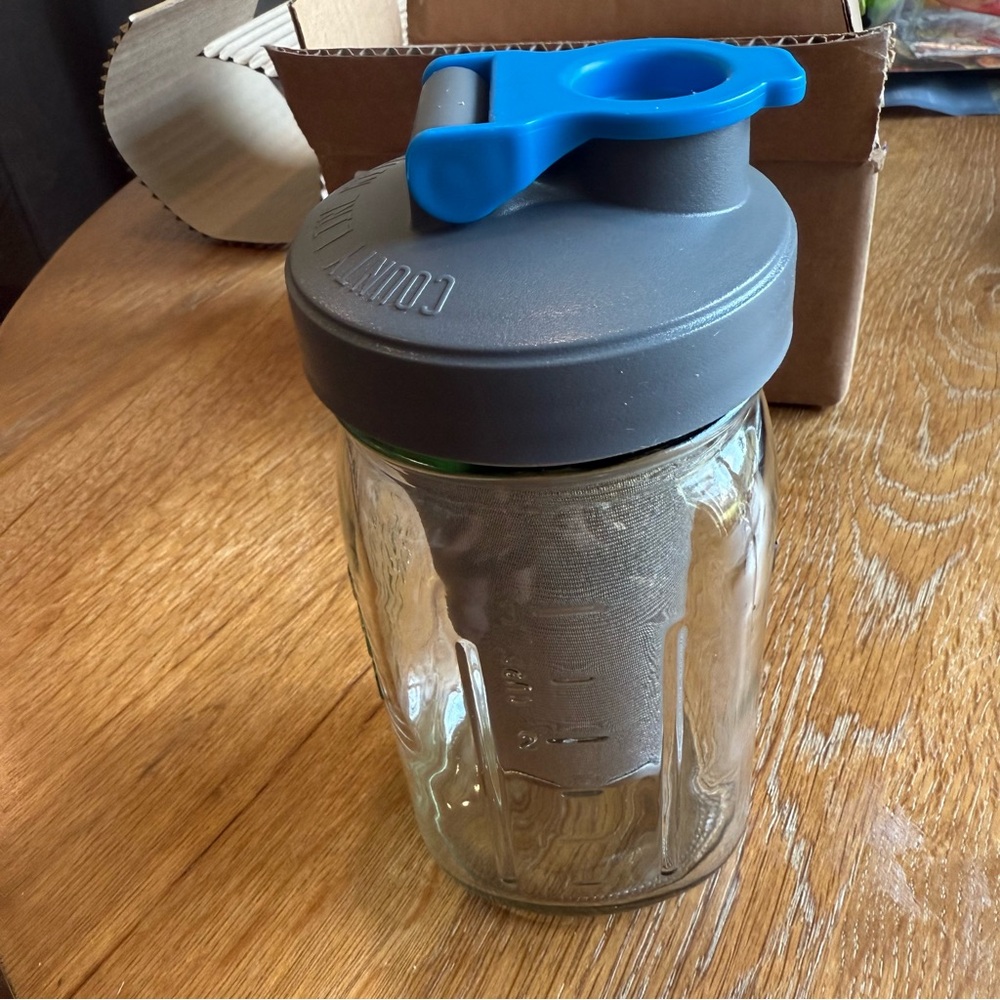 Country Line Mason Glass Jar with Gray and Blue Lid Pitcher 32oz NEW